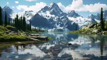 A serene mountain lake surrounded by lush trees AI Generated photo