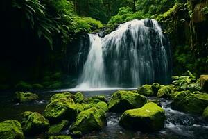 A peaceful waterfall surrounded by vibrant green foliage in a serene forest setting AI Generated photo