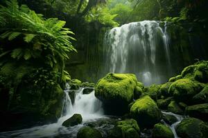 A serene waterfall nestled in a vibrant green forest AI Generated photo