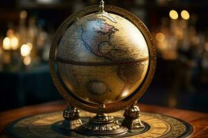 A globe on a wooden table AI Generated photo