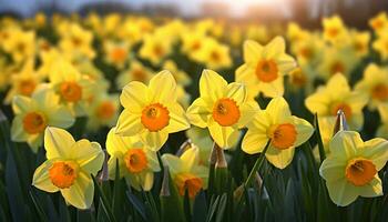 A vibrant field of yellow daffodils illuminated by the golden rays of the sun AI Generated photo