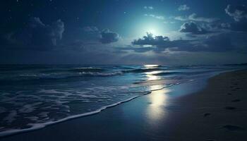 A serene beach illuminated by the radiant glow of a full moon AI Generated photo