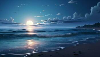 A serene ocean view with a full moon setting in the background AI Generated photo