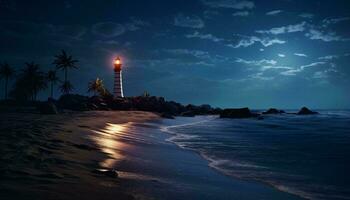 un faro en un playa a noche iluminado por un lleno Luna ai generado foto