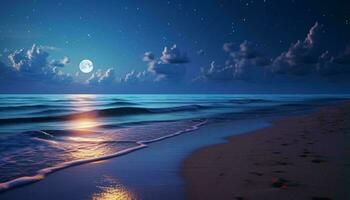 un sereno playa iluminado por un lleno Luna y adornado con tenue nubes ai generado foto