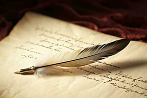 A feather delicately placed on a blank sheet of paper AI Generated photo