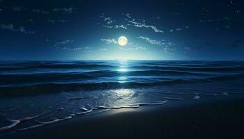 un sereno Oceano paisaje debajo el ligero de un lleno Luna ai generado foto