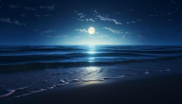 un sereno Oceano paisaje debajo el ligero de un lleno Luna ai generado foto
