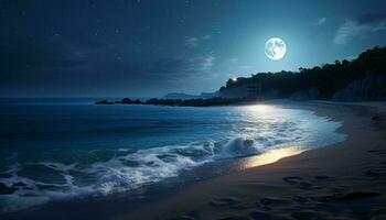 un sereno playa iluminado por el ligero de un lleno Luna ai generado foto