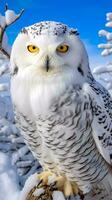 A majestic white owl perched on a branch, with piercing yellow eyes AI Generated photo