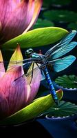 A vibrant blue dragonfly perched on a delicate pink flower AI Generated photo