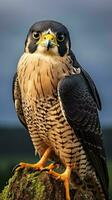 A majestic bird of prey perched on a tree stump AI Generated photo