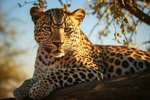 un majestuoso leopardo descansando en un árbol rama en sus natural habitat ai generado foto