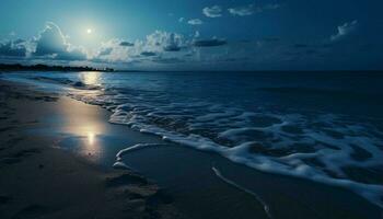 un sereno playa iluminado por el radiante resplandor de un lleno Luna ai generado foto