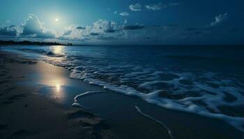 A serene beach illuminated by the radiant glow of a full moon AI Generated photo