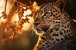 A leopard perched on a tree branch in the wild AI Generated photo