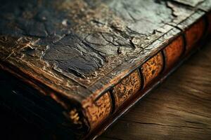 An antique book resting on a rustic wooden table AI Generated photo