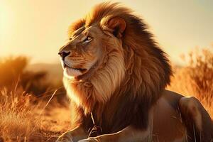 un majestuoso león descansando en un pacífico campo ai generado foto