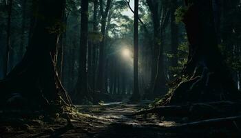 A mystical forest with rays of light streaming through the dense foliage AI Generated photo