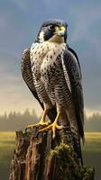 un majestuoso halcón encaramado en un árbol tocón ai generado foto