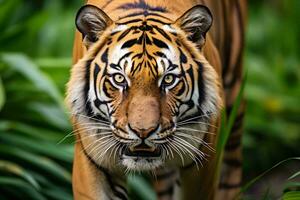 un majestuoso Tigre errante mediante un vibrante verde bosque ai generado foto