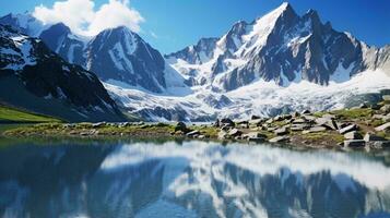 un sereno montaña reflexión en un claro como el cristal lago ai generado foto