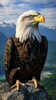 A majestic bald eagle perched on a rugged rock AI Generated photo