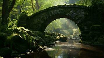 A picturesque stone bridge amidst a vibrant green forest, spanning over a serene stream AI Generated photo