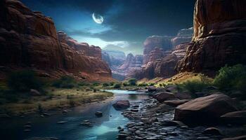 A river flowing through a rocky canyon under a full moon AI Generated photo