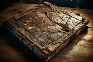 un antiguo libro descansando en un rústico de madera mesa ai generado foto