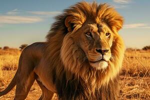 un majestuoso león en pie en un dorado césped campo ai generado foto