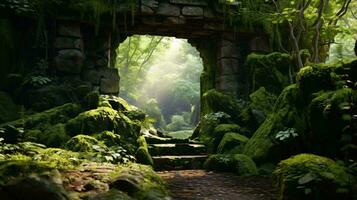 A serene forest tunnel surrounded by vibrant greenery AI Generated photo