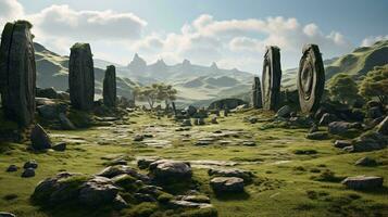 A serene landscape with rocks and lush green grass AI Generated photo