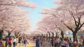 A bustling street filled with people walking alongside a row of majestic trees AI Generated photo