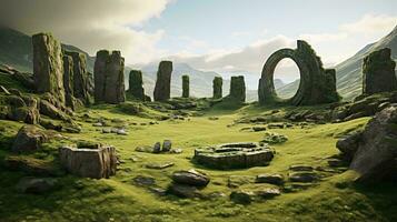 A serene green landscape with rocky outcrops and lush grass AI Generated photo