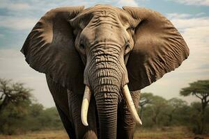 un elefante en pie graciosamente en un natural campo rodeado por lozano arboles ai generado foto