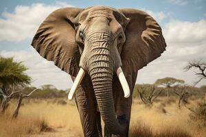 un majestuoso elefante en pie con orgullo en un vasto abierto campo ai generado foto