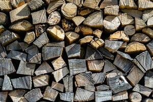 Photography on theme big wall of stacked oak tree logs in cracks photo