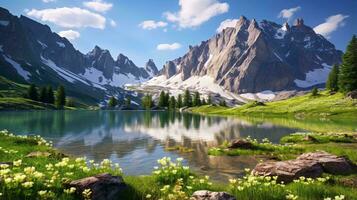 A serene mountain lake surrounded by vibrant flowers AI Generated photo