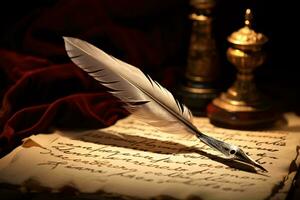 A feather quill resting on top of a piece of paper AI Generated photo