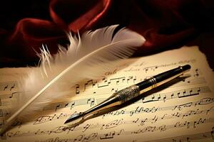 un bolígrafo y un pluma en un sábana de música, creando un armonioso composición ai generado foto