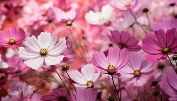 un vibrante campo de rosado y blanco flores en lleno floración ai generado foto