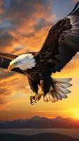 A majestic bald eagle soaring through a vibrant sunset sky AI Generated photo