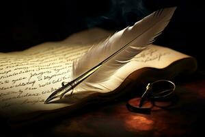 A feather quill resting on an open book, symbolizing knowledge and literature AI Generated photo