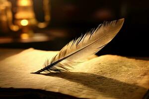 A feather quill resting on an open book AI Generated photo