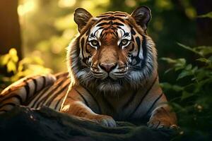 A majestic tiger resting on a rock in the heart of the forest AI Generated photo