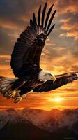 A majestic bald eagle soaring through a vibrant sunset AI Generated photo