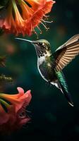 A hummingbird in flight near a vibrant flower AI Generated photo