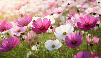 un vibrante campo de rosado y blanco flores en lleno floración ai generado foto