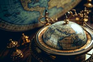 A globe on a wooden table AI Generated photo